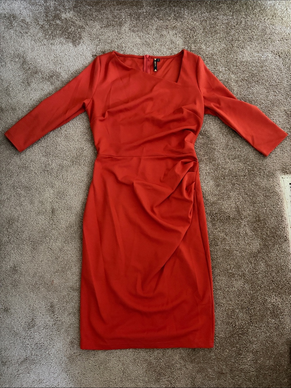 Burnt Orange Quarter-Sleeve Draped Sheath Dress